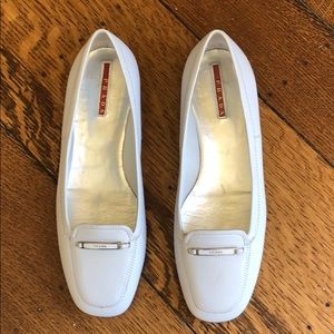Prada White Leather Loafers with Logo Hardware